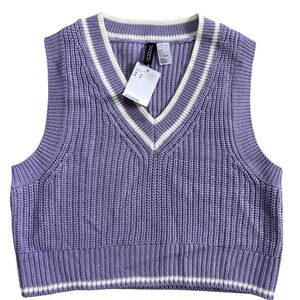 H&M Divided Purple Knit V-Neck Sweater Vest Women's Size S Preppy Striped Trim